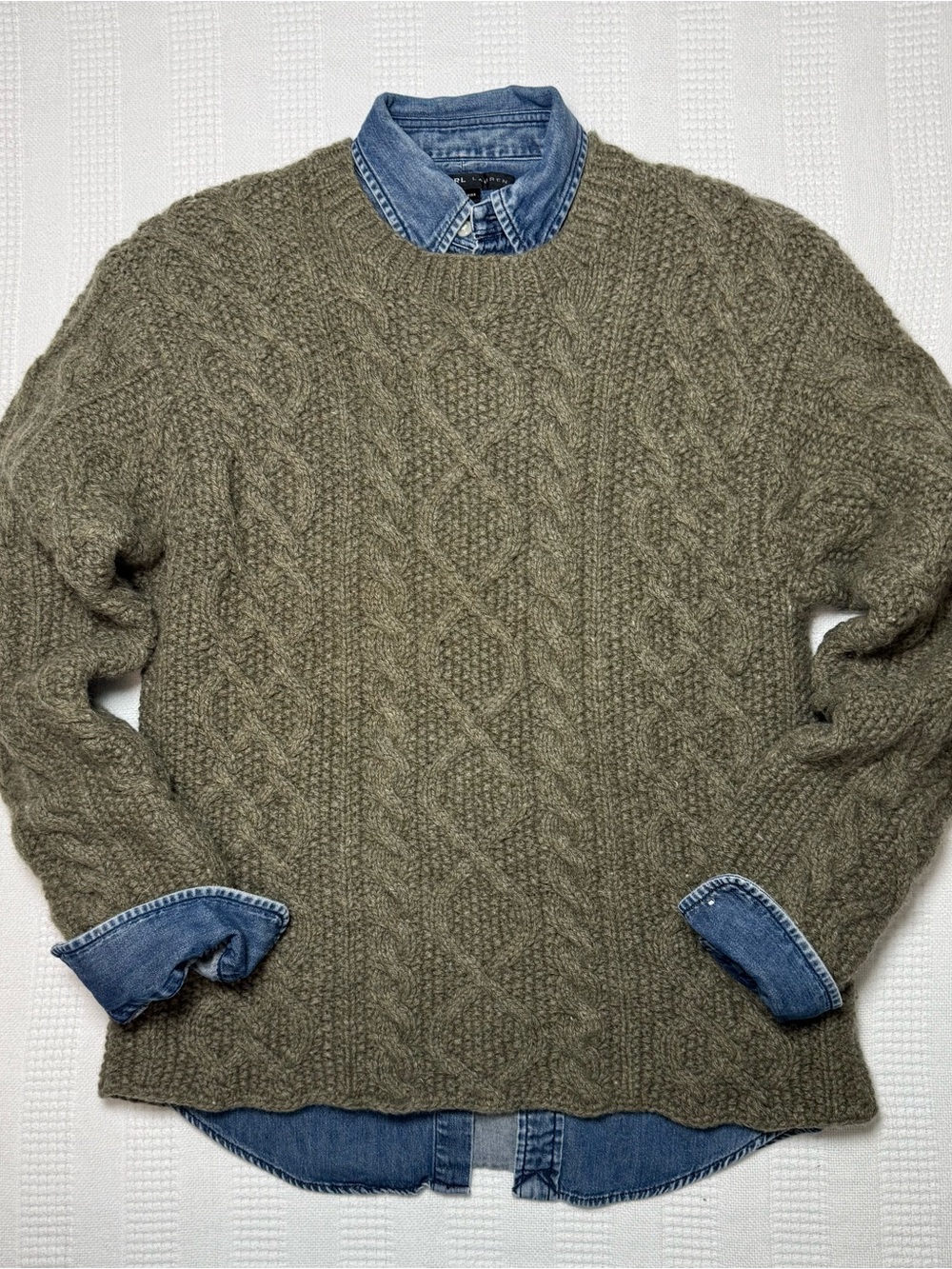 Vtg J Crew Handknit Shetland Wool Sweater Small Olive Cable Knit Fisherman Crew